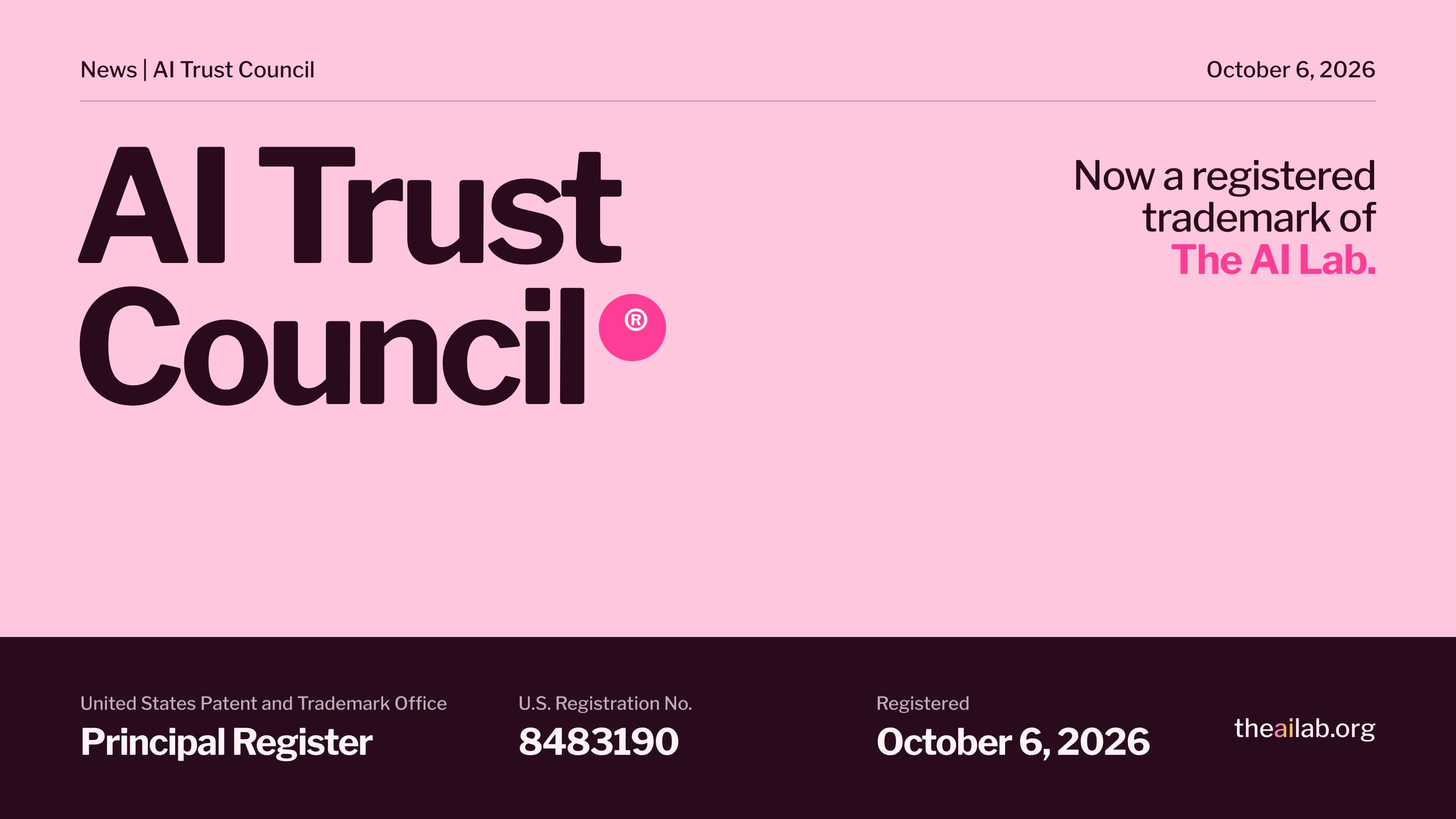 AI Trust Council, now a registered trademark of The AI Lab. USPTO Principal Register, U.S. Registration No. 8483190, registered October 6, 2026.