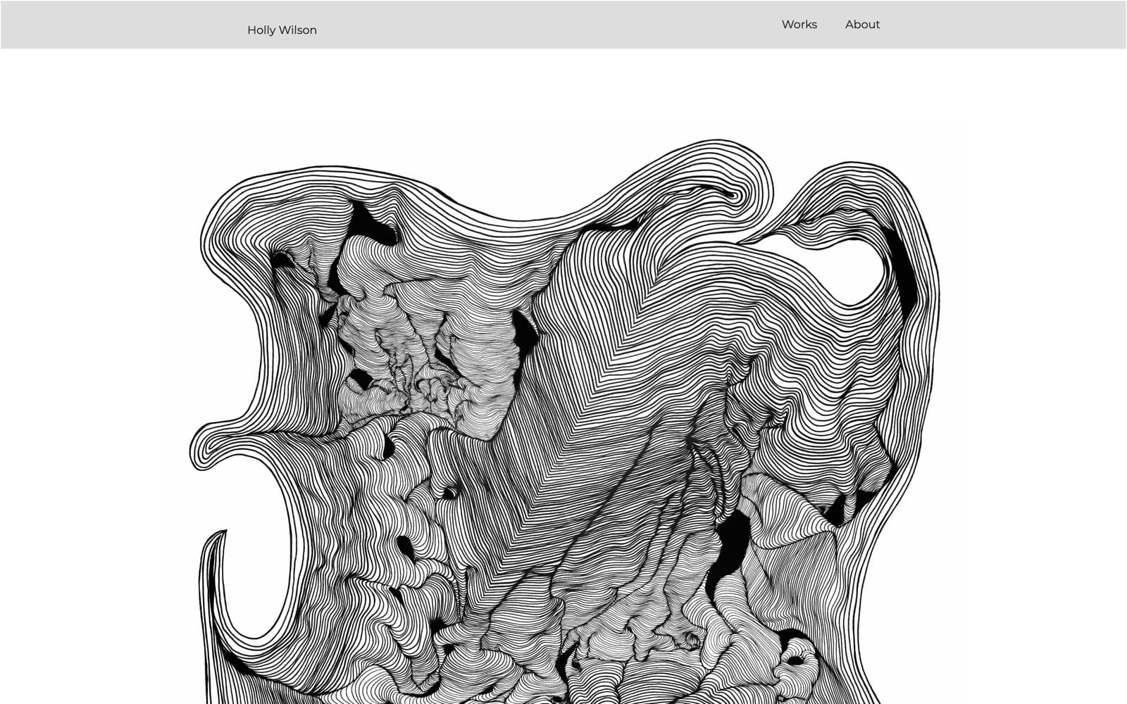 A work by Holly Jenifer Wilson, dense black ink line work in fine parallel contours forming an organic mass on white paper