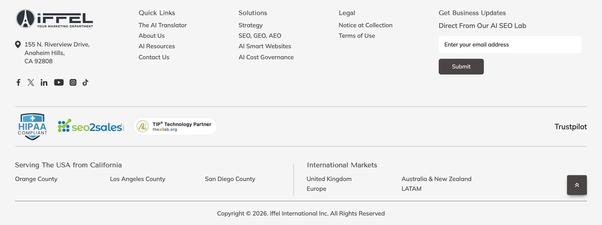 The Iffel International site footer, with the Iffel logo and Anaheim Hills address, quick links and solutions columns, and a row of trust badges where the TIP® Technology Partner badge from theailab.org sits beside HIPAA Compliant and seo2sales