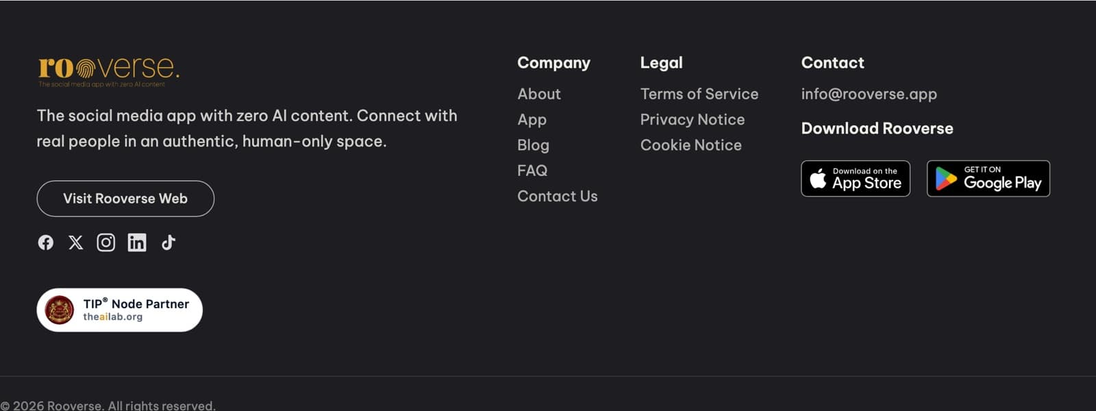 The Rooverse site footer, a charcoal band with the gold rooverse wordmark and the line The social media app with zero AI content, site links, App Store and Google Play buttons, and the TIP® Node Partner badge beneath the social icons