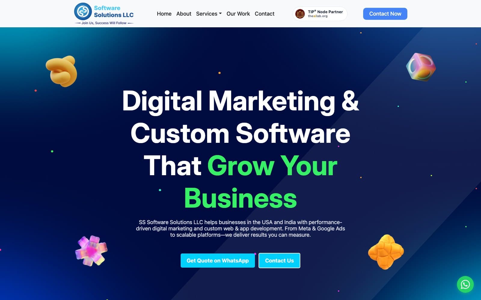 The SS Software Solutions LLC homepage, with the TIP® Node Partner badge in the header beside the navigation, above a deep blue hero reading Digital Marketing and Custom Software That Grow Your Business